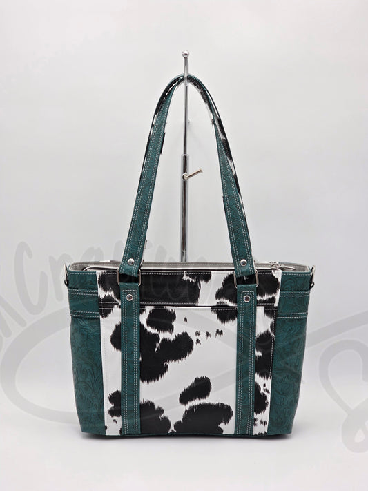 Mr. Heckles handbag- Teal/ black and white cow print crossbody handbag