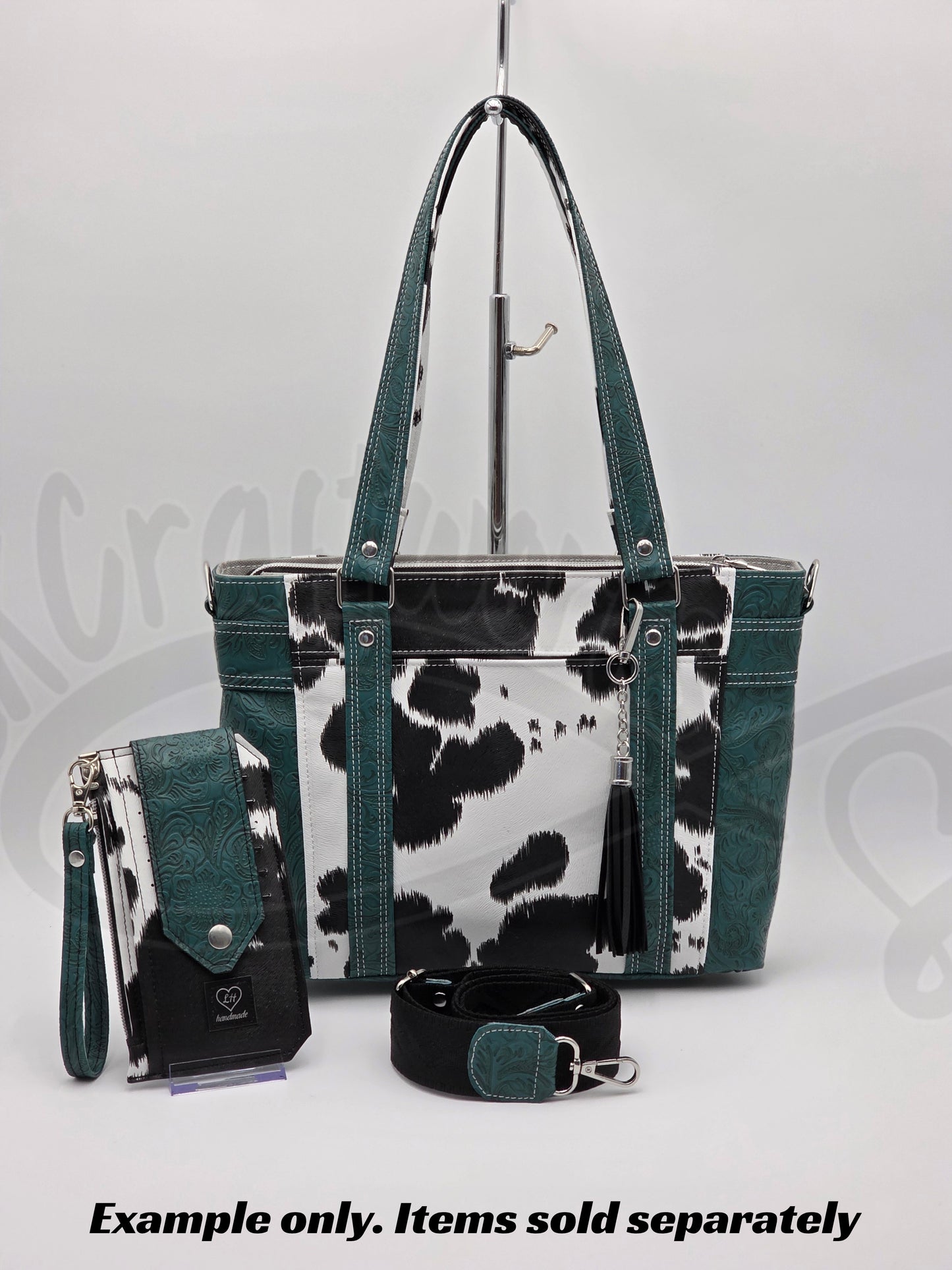 Mr. Heckles handbag- Teal/ black and white cow print crossbody handbag