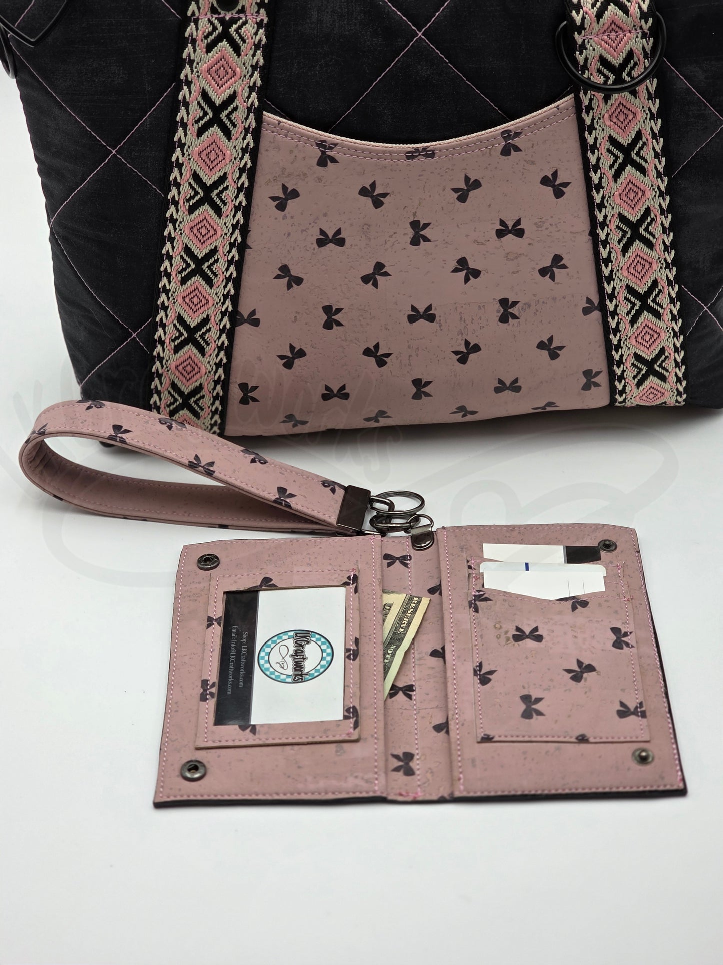 Oxbow Tote - Pink and black bows with matching wallet and keyfob