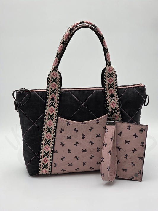 Oxbow Tote - Pink and black bows with matching wallet and keyfob