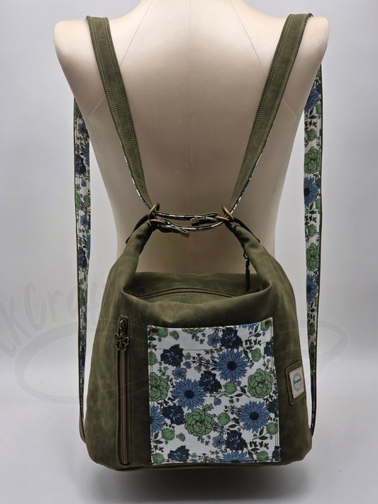 Krystal Convertible Shoulder bag/backpack - Olive green and blue daisy