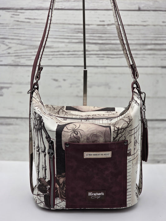 Krystal Convertible Shoulder bag/backpack - skulls and wine-colored roses