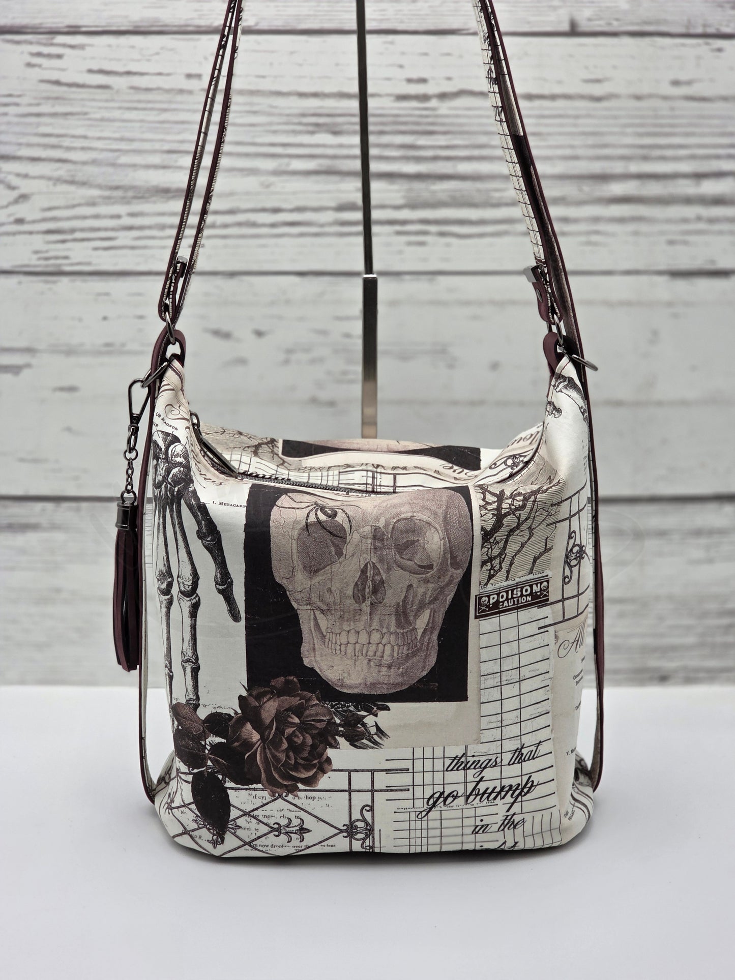 Krystal Convertible Shoulder bag/backpack - skulls and wine-colored roses