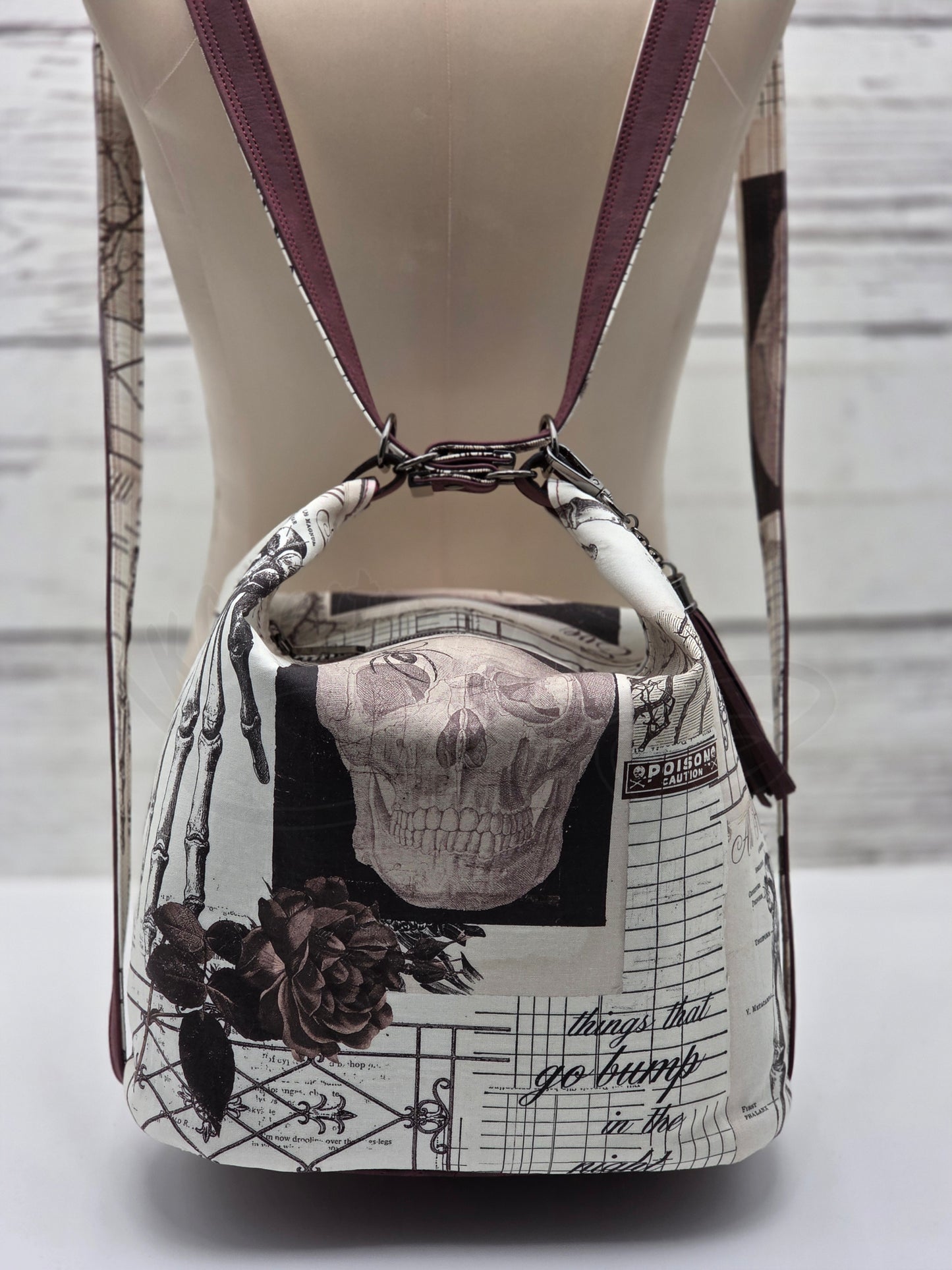 Krystal Convertible Shoulder bag/backpack - skulls and wine-colored roses