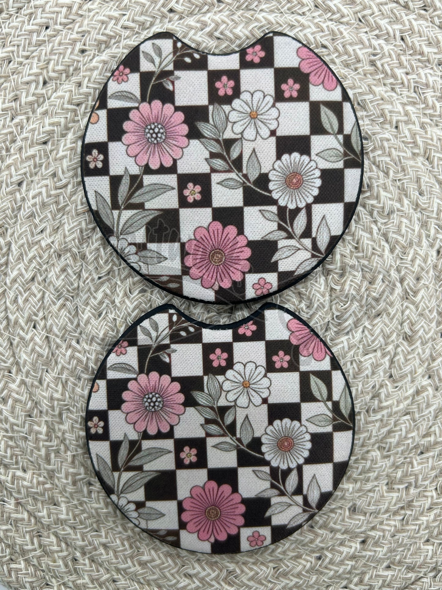 Car Coasters- Checkered w/flowers