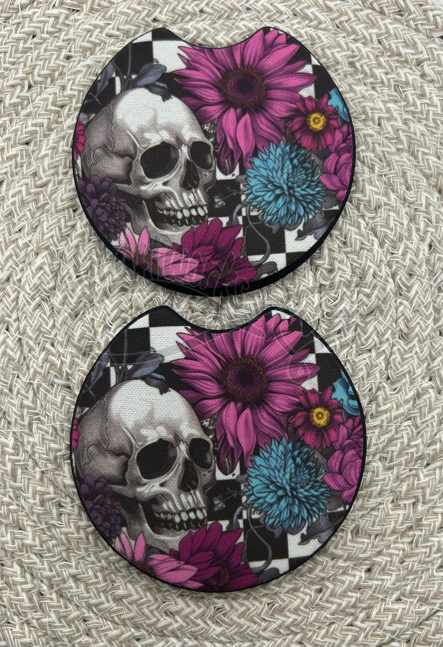 Car Coasters- Skull w/purple flowers