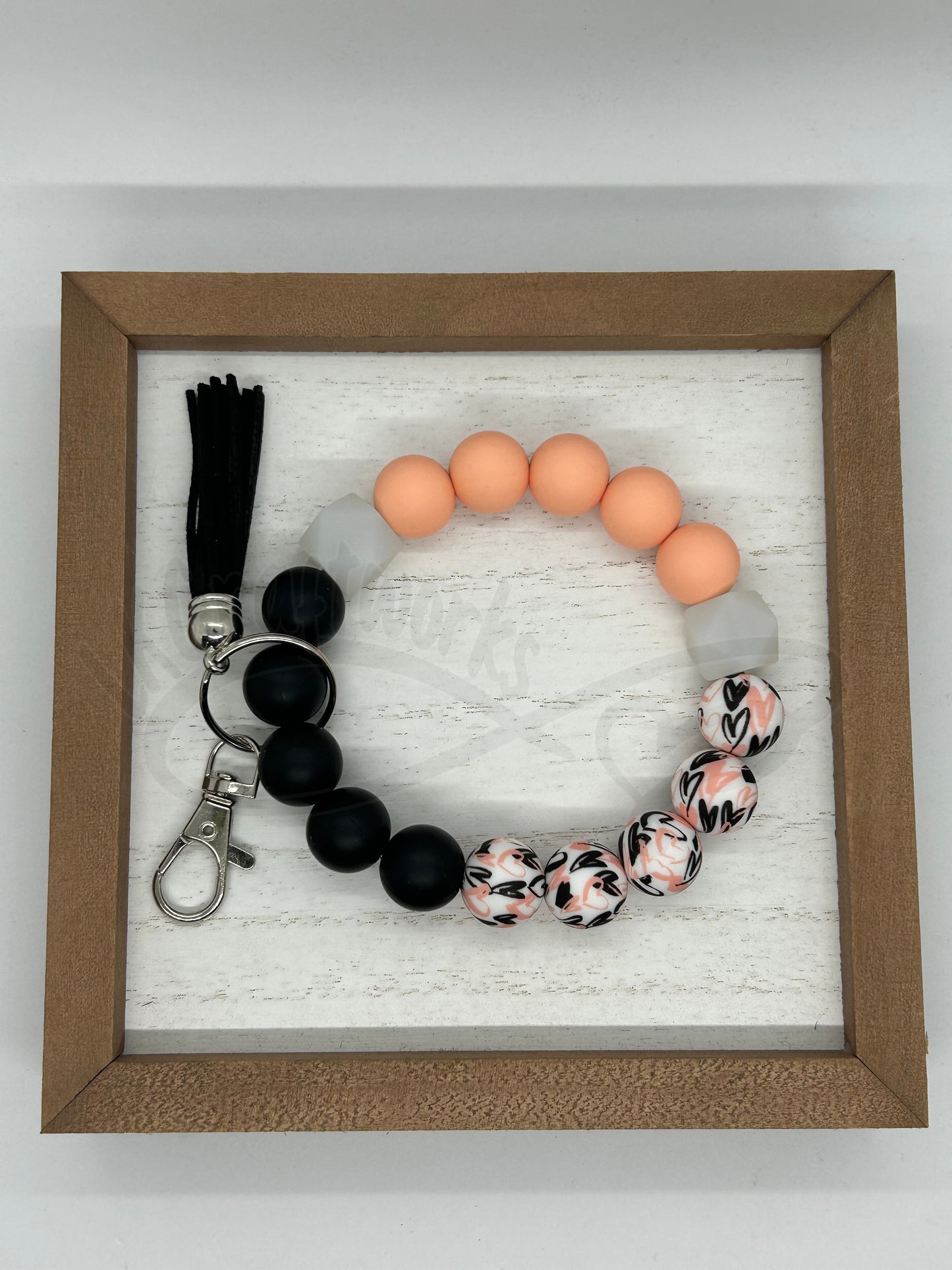 Beaded keychain wristlet- Peach/White/Black Hearts