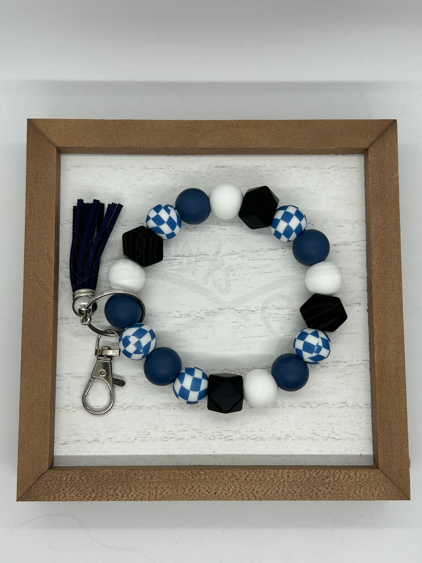 Beaded keychain wristlet- Blue and White checkered