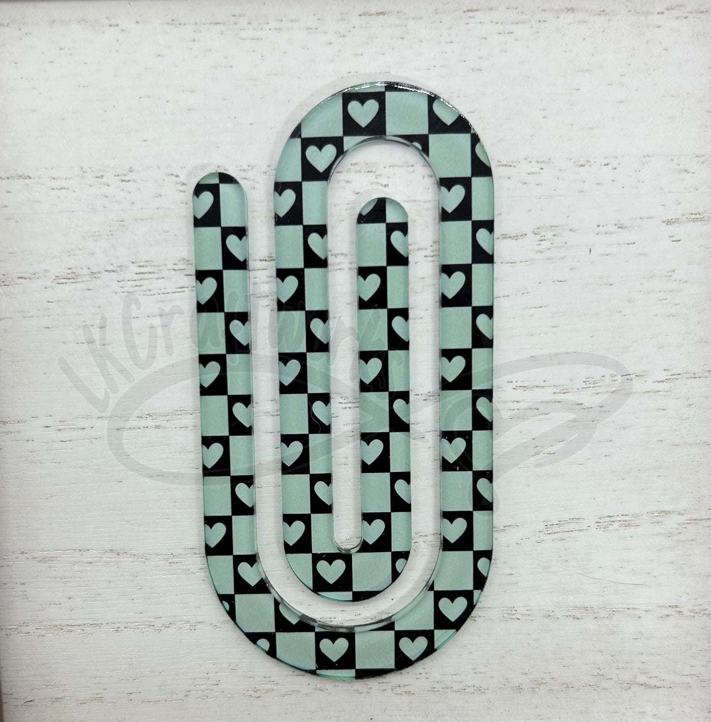 Jumbo paperclip bookmark- Mint/black checkered heart