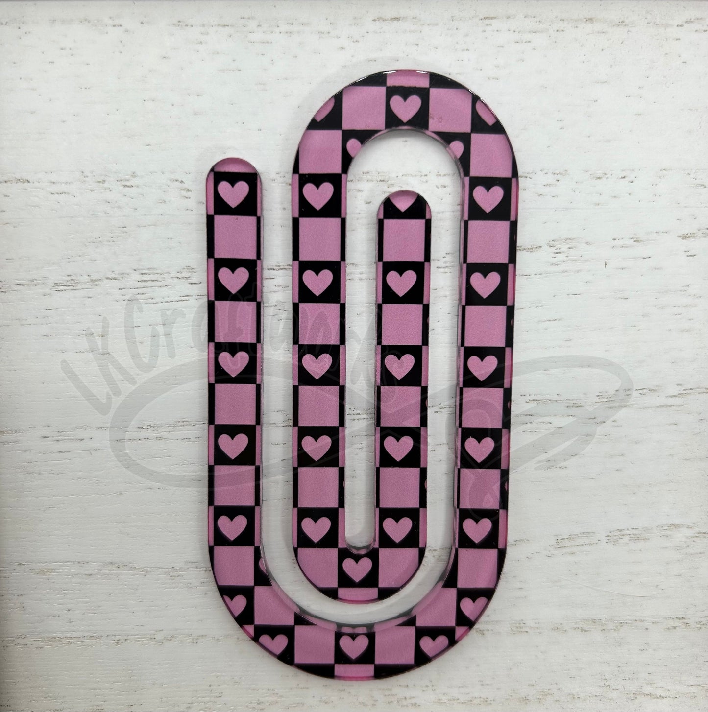 Jumbo paperclip bookmark- Pink/black checkered heart