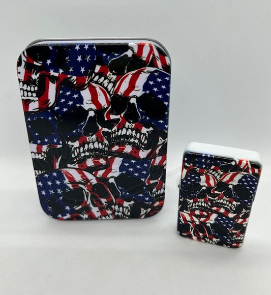 Metal Refillable Lighter – Ships Empty: Red,White,Blue skulls