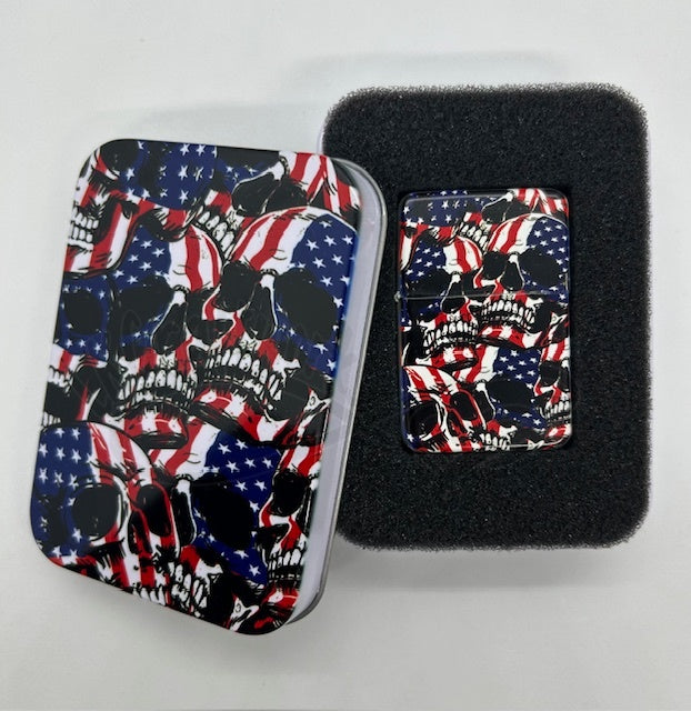 Metal Refillable Lighter – Ships Empty: Red,White,Blue skulls
