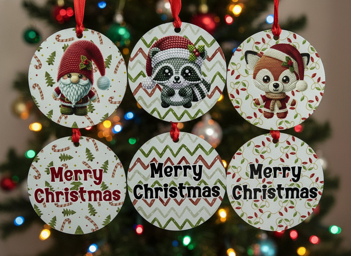 Five Christmas-themed ornaments with cartoon characters and 'Merry Christmas' text on a white background.