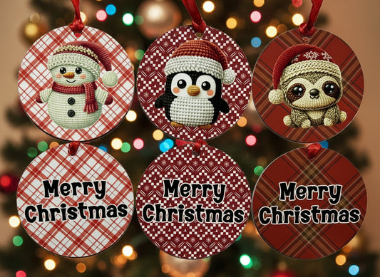 Set of six Christmas-themed ornaments with snowman, penguin, and sloth designs on a red and white checkered background.
