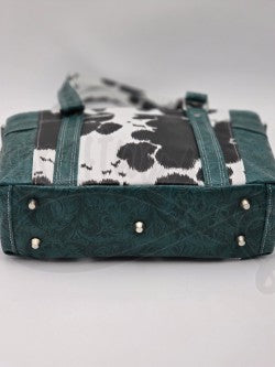 Mr. Heckles handbag- Teal/ black and white cow print crossbody handbag