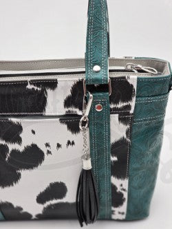 Mr. Heckles handbag- Teal/ black and white cow print crossbody handbag