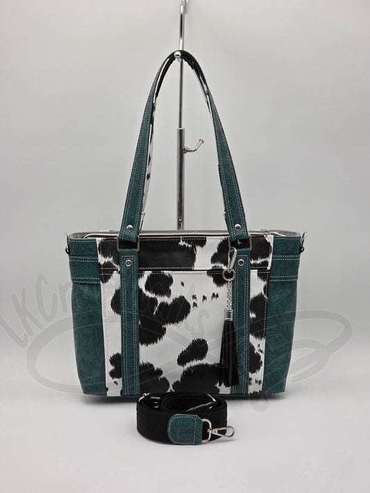 Mr. Heckles handbag- Teal/ black and white cow print crossbody handbag