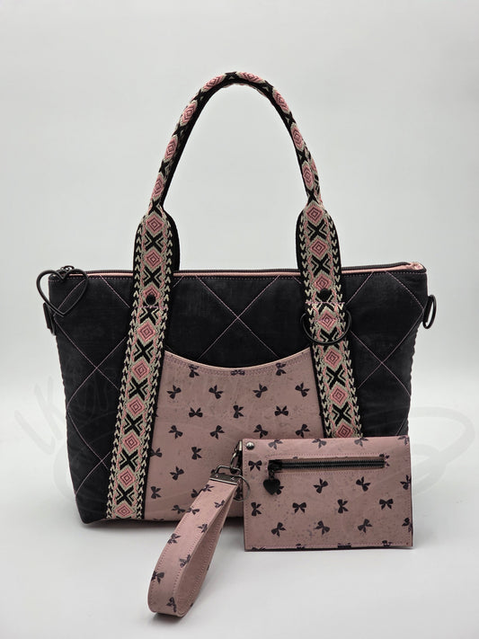 Oxbow Tote - Pink and black bows with matching wallet and keyfob