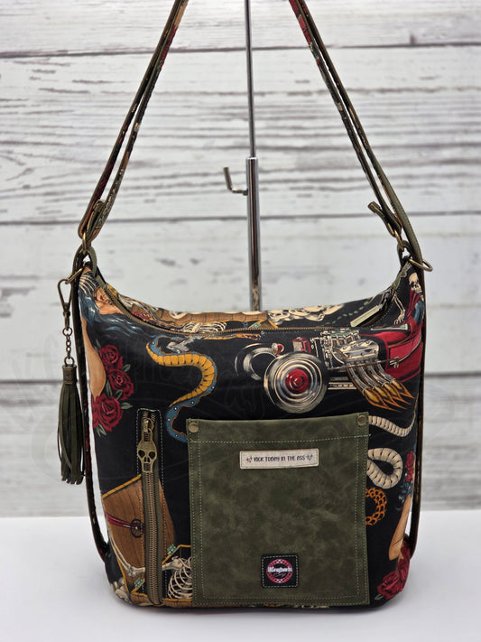 Krystal Convertible Shoulder bag/backpack - skulls olive green/black