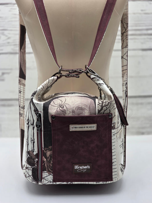 Krystal Convertible Shoulder bag/backpack - skulls and wine-colored roses