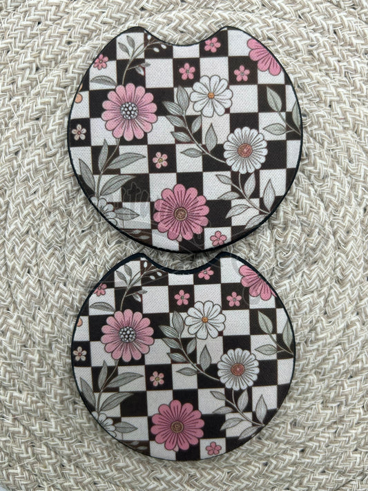 Car Coasters- Checkered w/flowers
