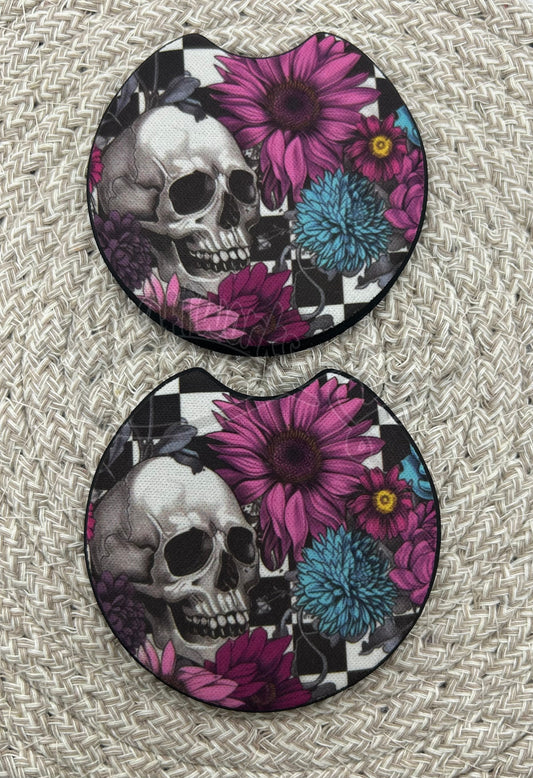 Car Coasters- Skull w/purple flowers