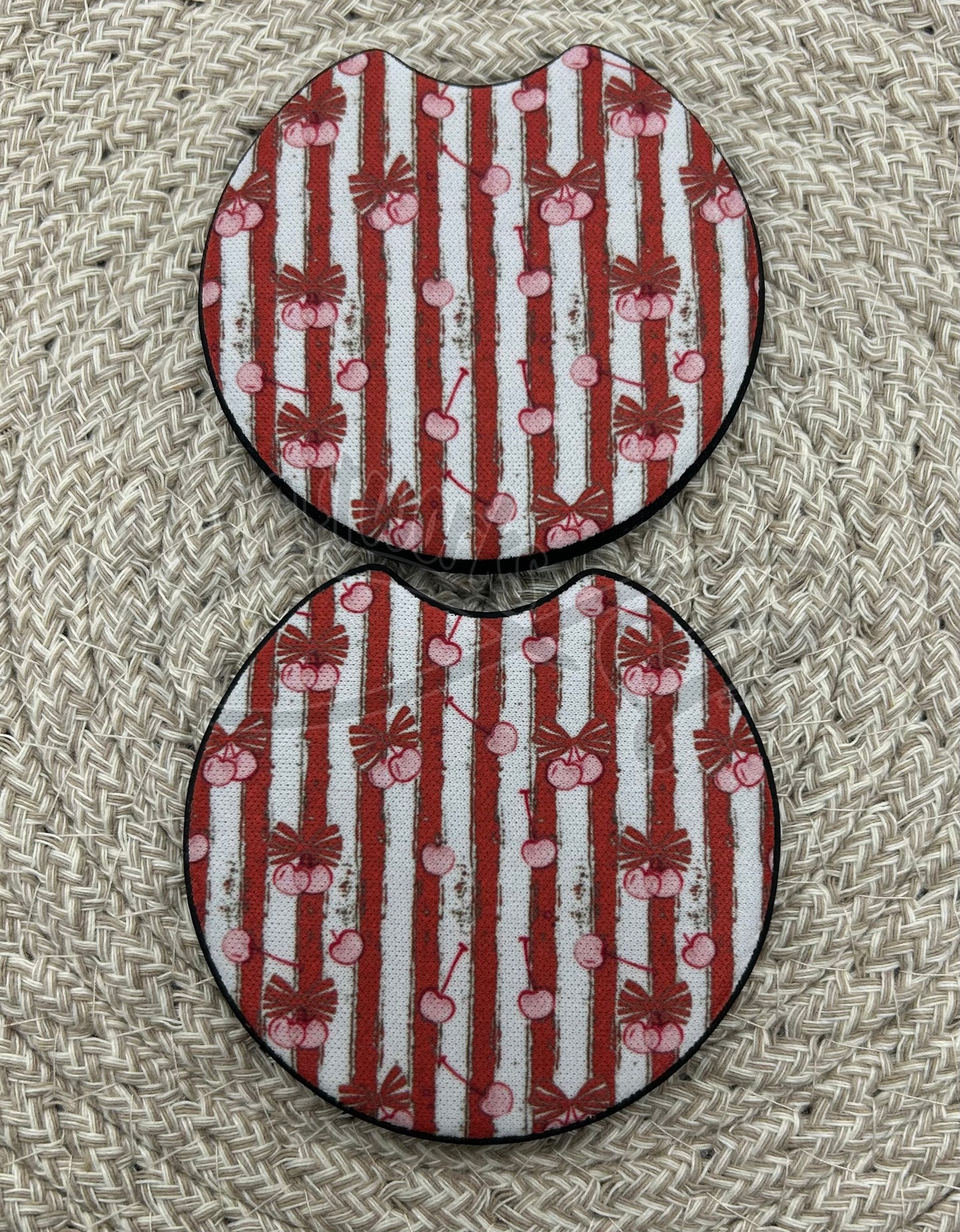 Car Coasters- Red striped cherries