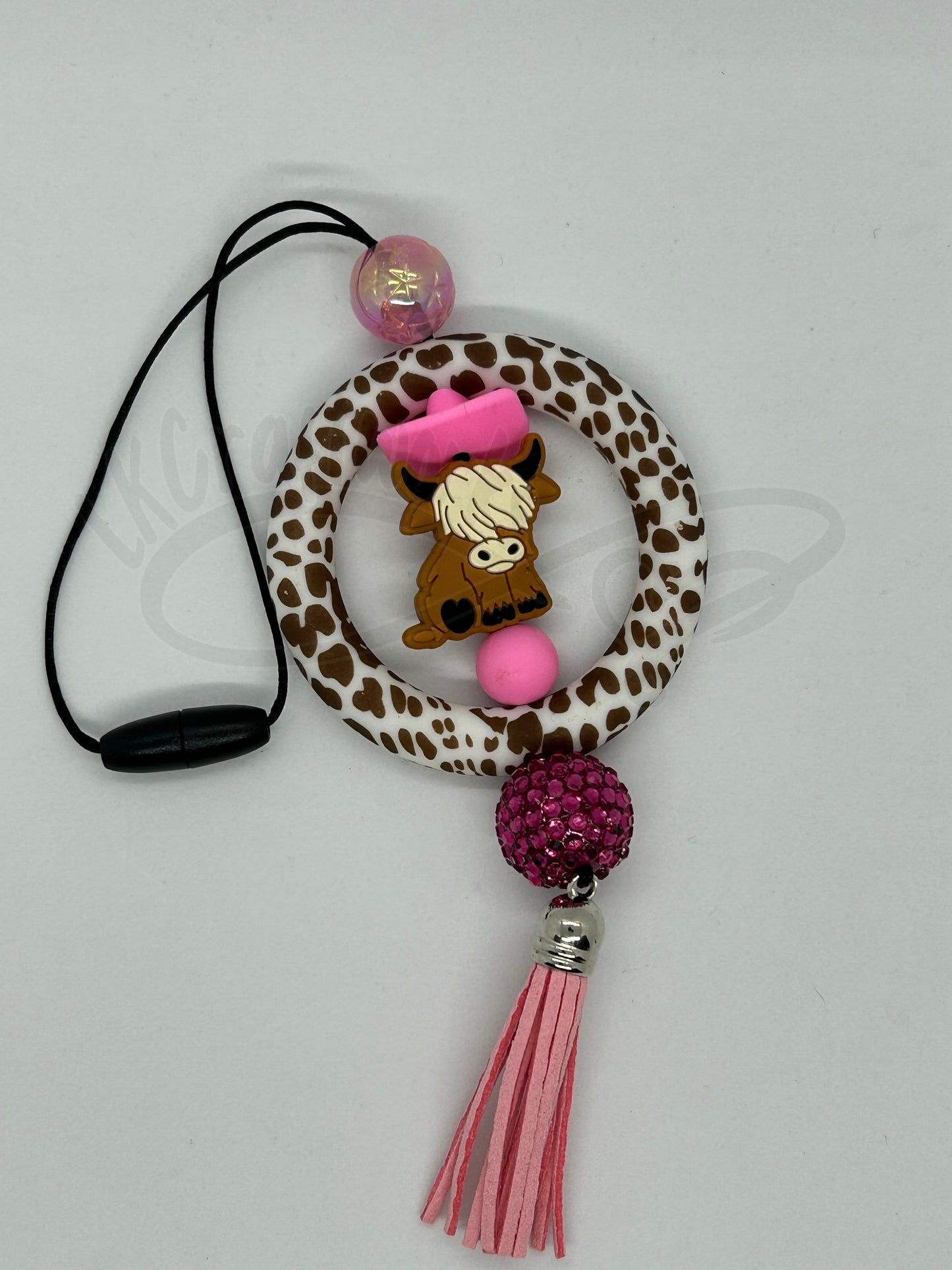Car charm- Pink hat highland cow