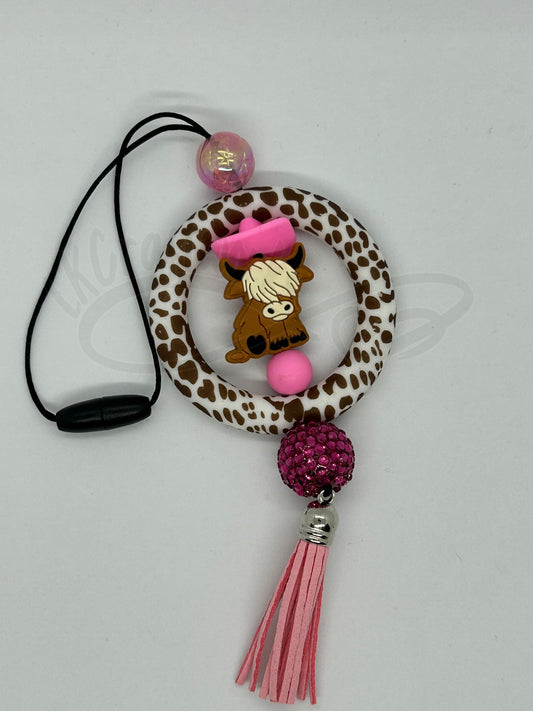Car charm- Pink hat highland cow