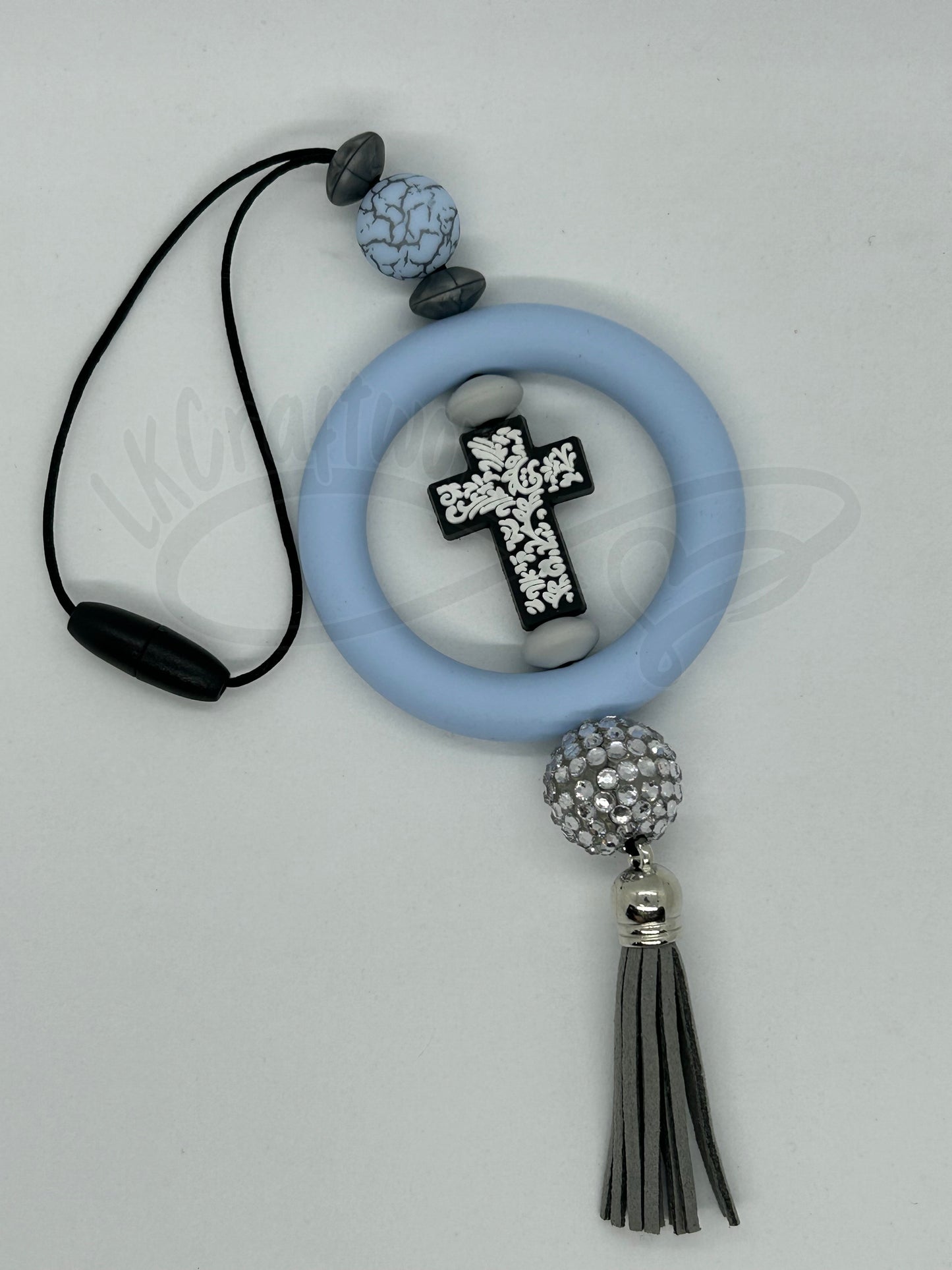 Car charm- Baby blue w/ black & white cross
