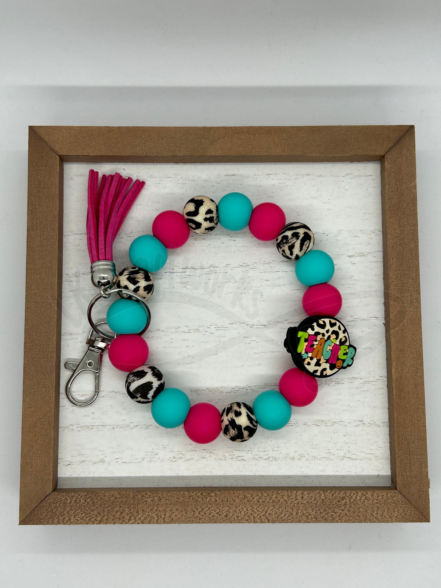 Beaded keychain wristlet- Leopard teacher
