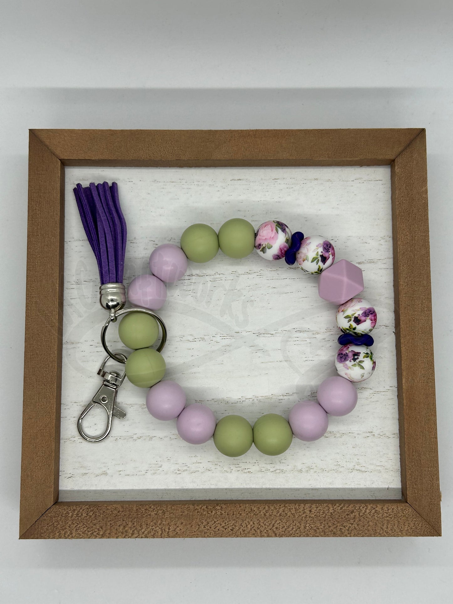 Beaded keychain wristlet- Purple/Green floral