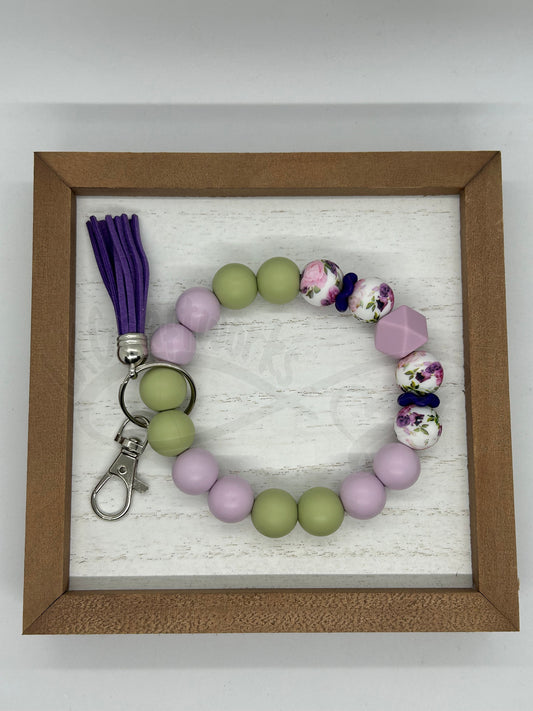 Beaded keychain wristlet- Purple/Green floral