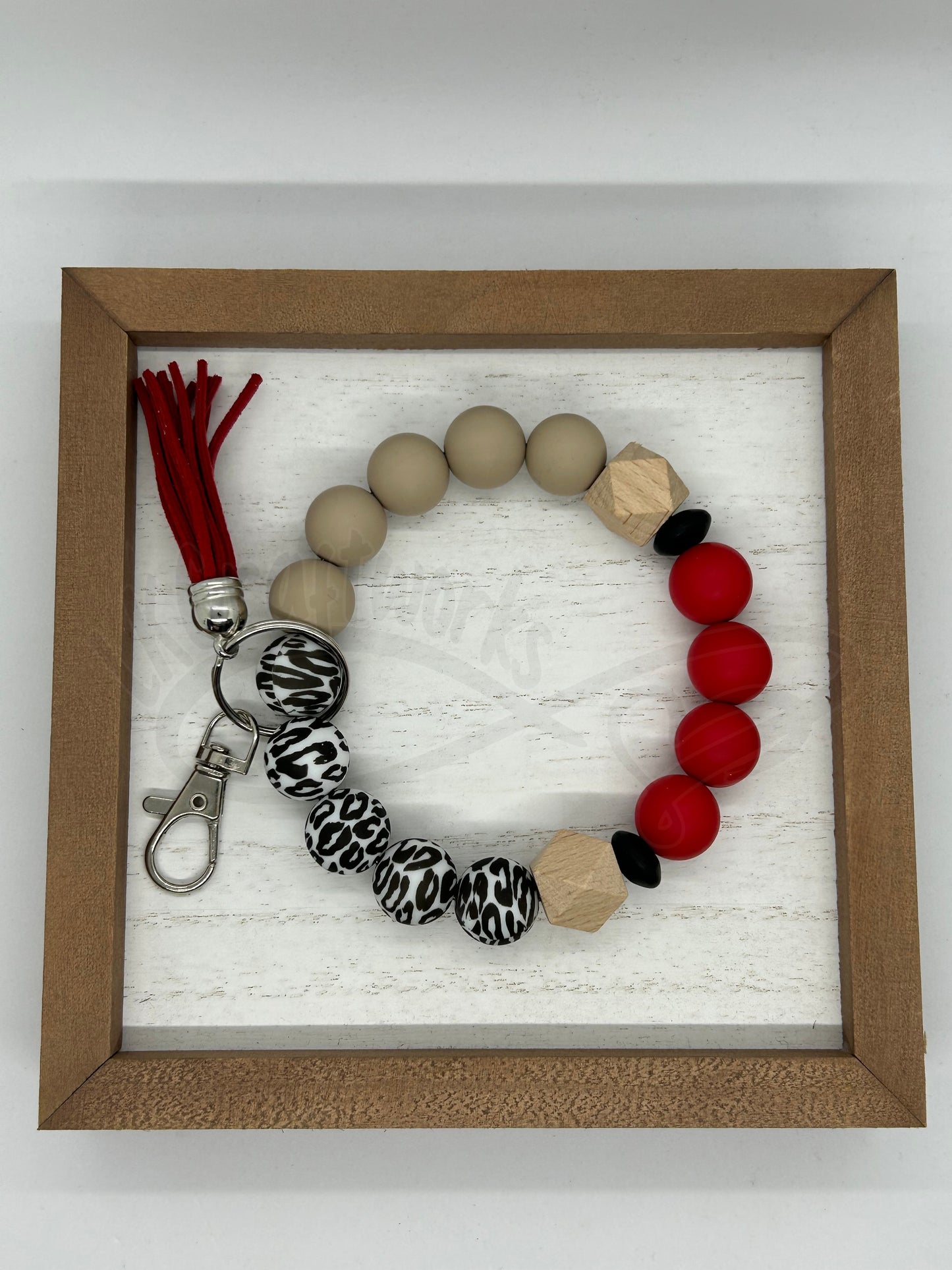 Beaded keychain wristlet- Tan/Red/Leopard