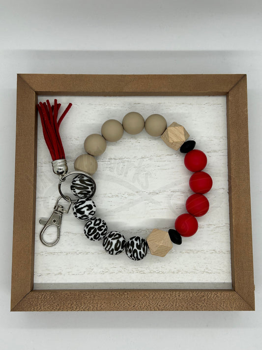Beaded keychain wristlet- Tan/Red/Leopard