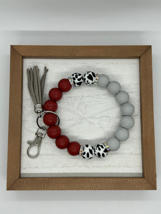 Beaded keychain wristlet- Grey/Brick Red/Cow print