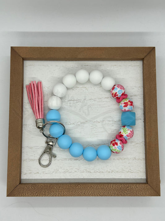 Beaded keychain wristlet- Blue/White/Pink floral