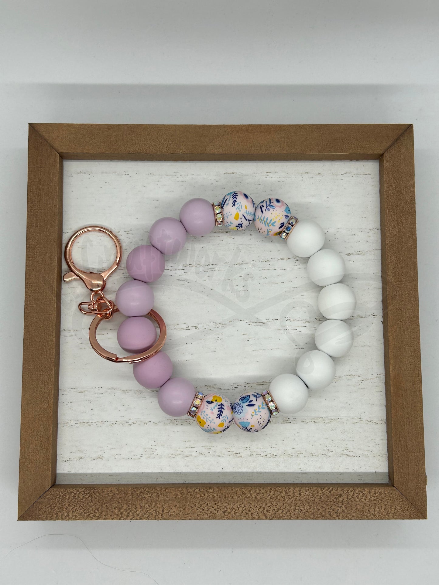 Beaded keychain wristlet- Purple/White floral