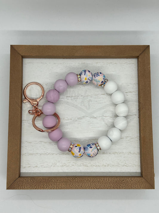 Beaded keychain wristlet- Purple/White floral