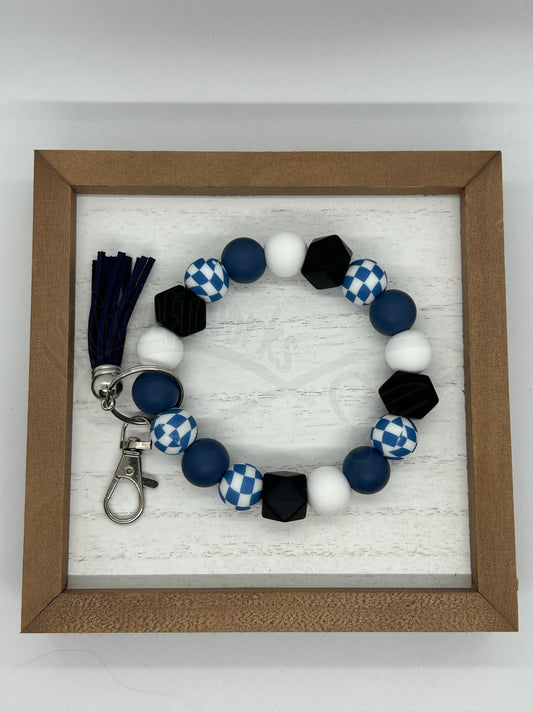 Beaded keychain wristlet- Blue and White checkered