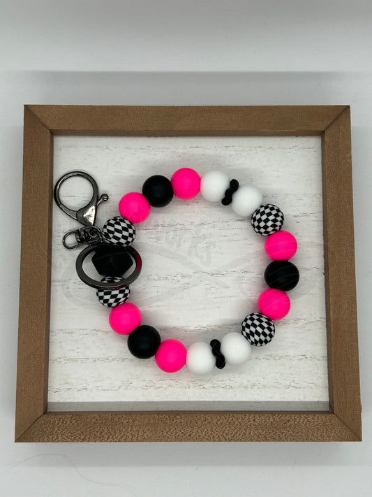Beaded keychain wristlet- Hot pink/Black & White checkered