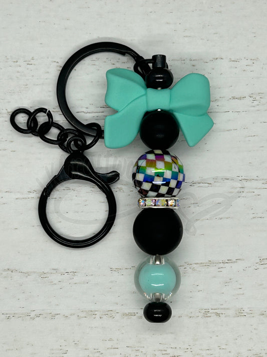 Keychain/ Purse Charm- Mint bow w/ black & white checkered