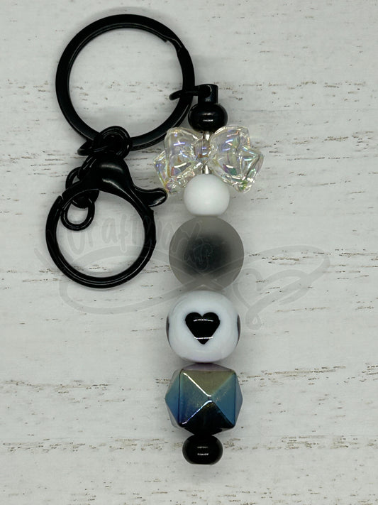 Keychain/ Purse Charm- Clear bow w/ Black and white