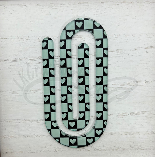 Jumbo paperclip bookmark- Mint/black checkered heart