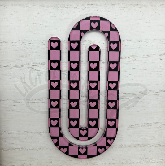 Jumbo paperclip bookmark- Pink/black checkered heart