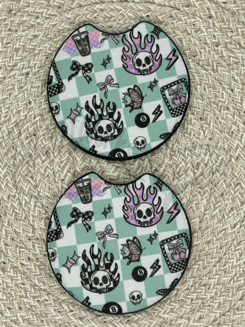 Car Coasters- Checkered w/Skulls