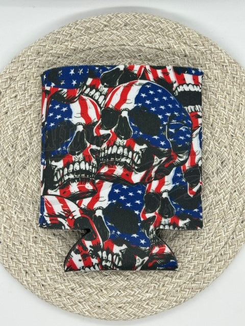 Regular Can cooler- Red, White, Blue skulls
