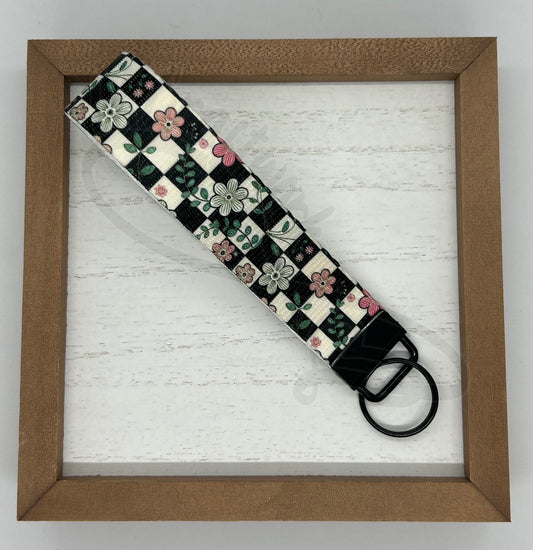 Key Fob keychain wristlet- Checkered flowers