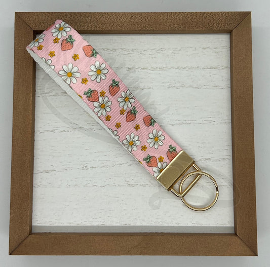Key Fob keychain wristlet- Strawberry daisy