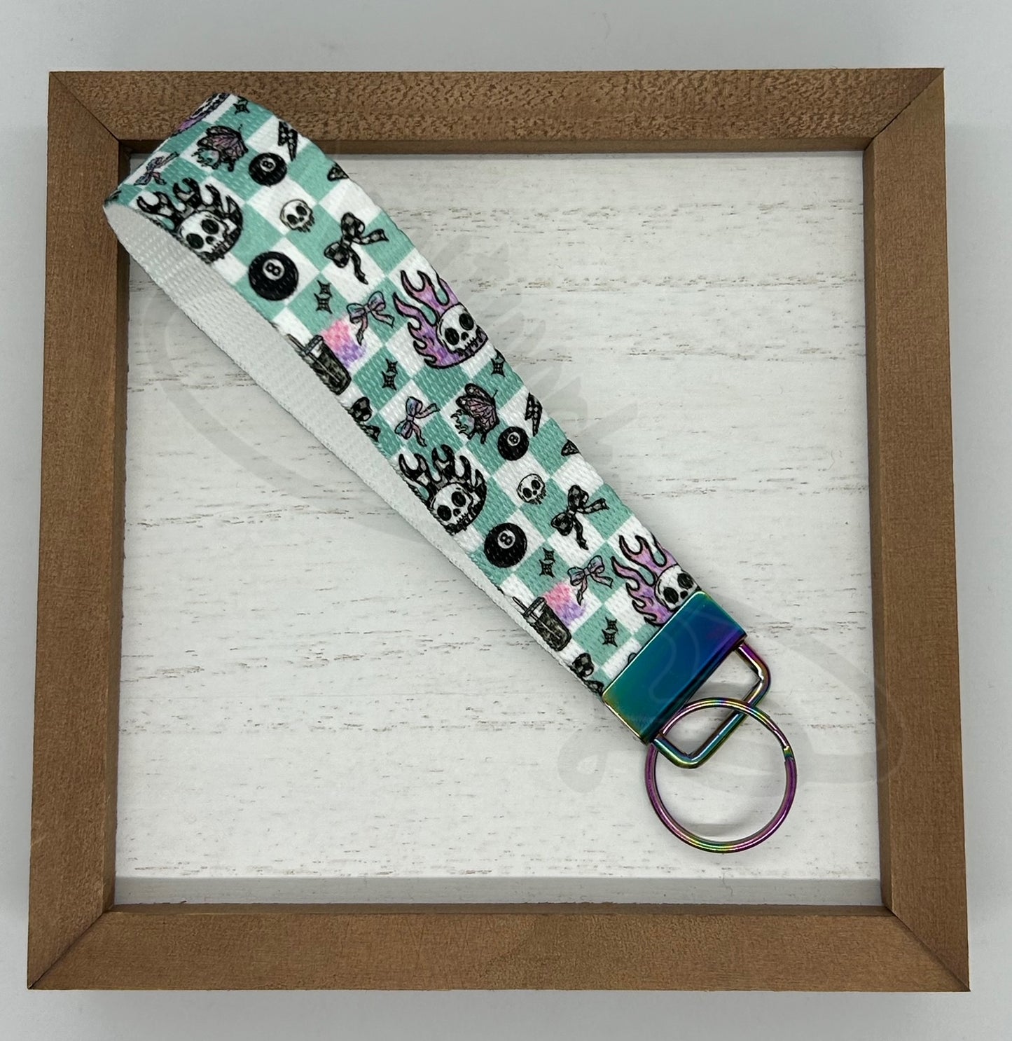 Key Fob keychain wristlet- Checkered w/Skulls